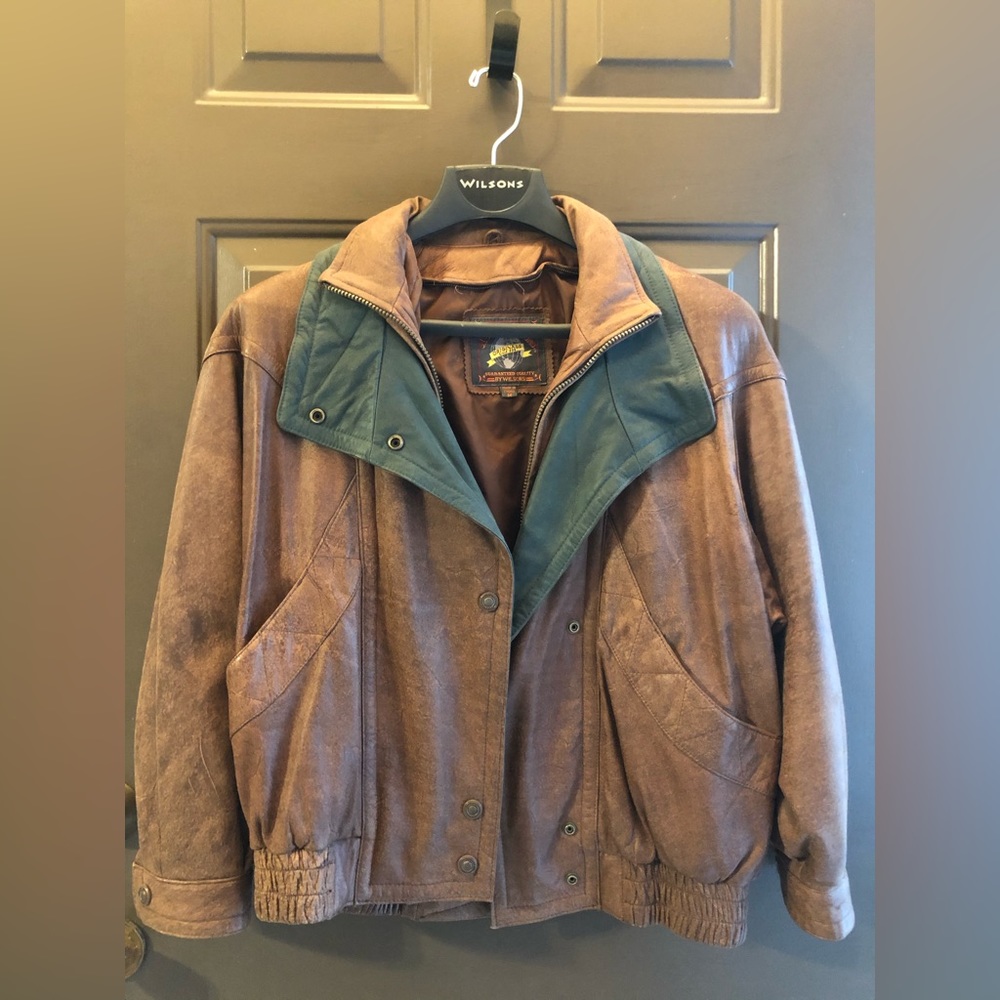 Wilson brown leather jacket with green trim